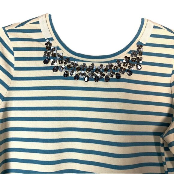 Tory Burch T-Shirt Casual Long Sleeve Blue White Striped Back Embellished Tie - Picture 5 of 11